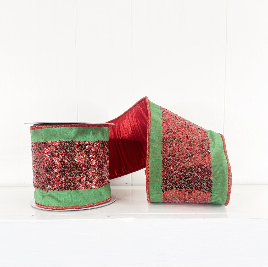 Red Sequin on Green DoubleSided Red Shiny Taffeta 4" Wired Ribbon