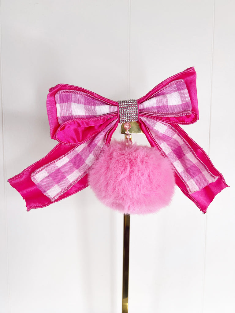 Ornament Clip- Pink Gingham Bow with Rhinestones and Pink Pom