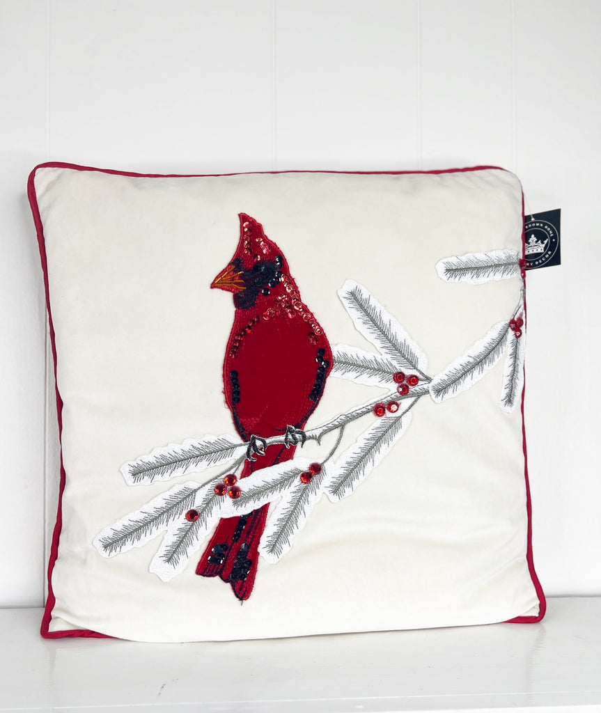 Creme Velvet and Red Velvet Fancy Cardinal Pillow-EXCLUSIVE