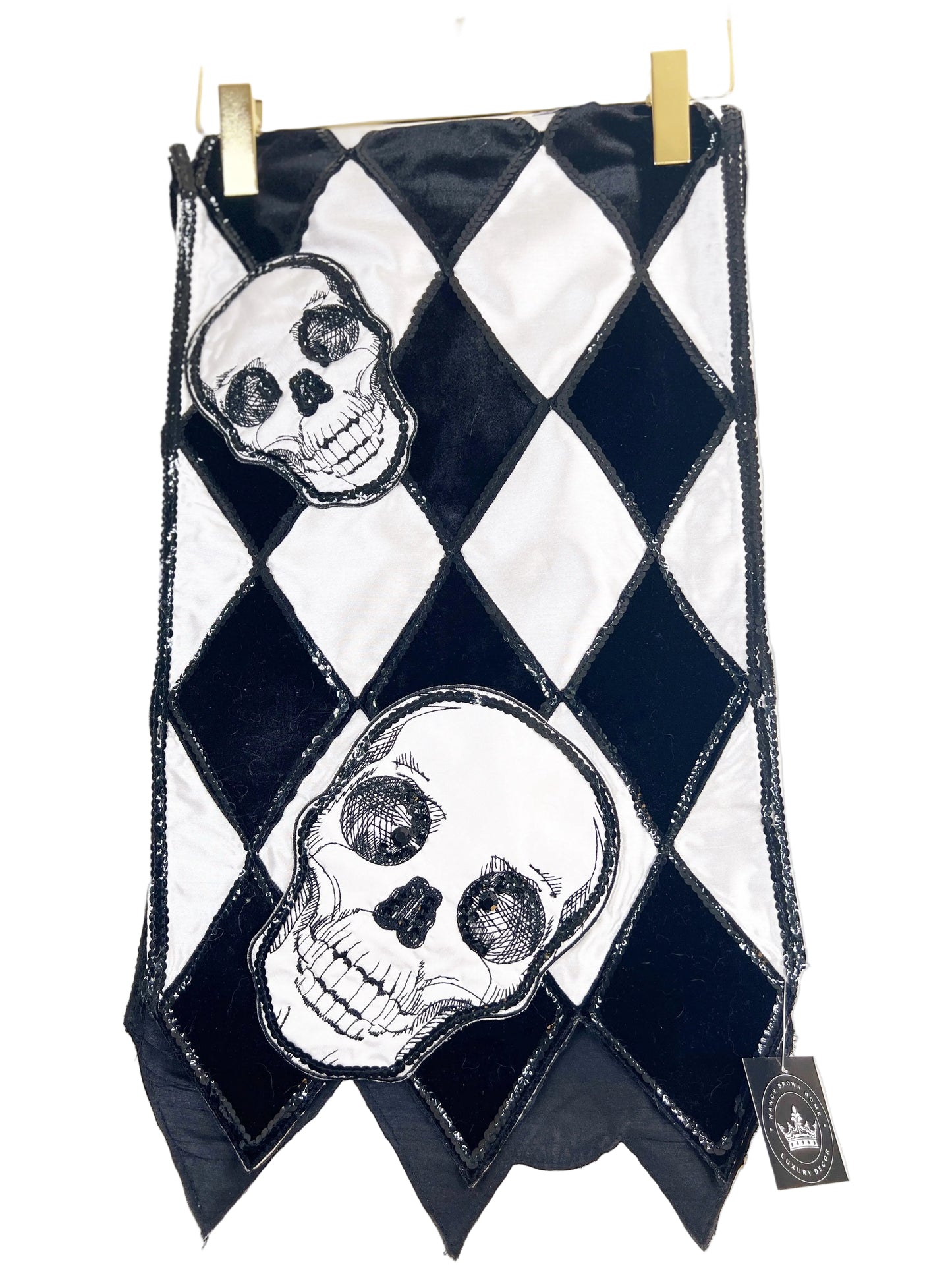 Black and White Velvet and Sequin Skull Harlequin Table Runner