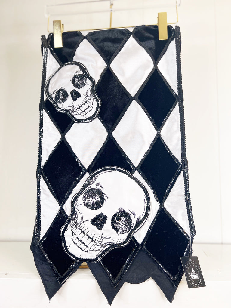 Black and White Velvet and Sequin Skull Harlequin Table Runner-EXCLUSIVE