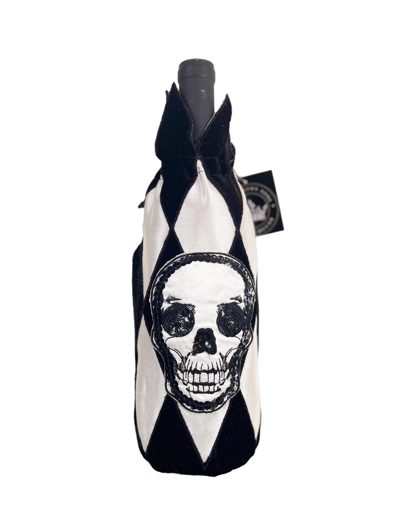 Black and White Velvet and Sequin Skull Harlequin Wine Bag-EXCLUSIVE
