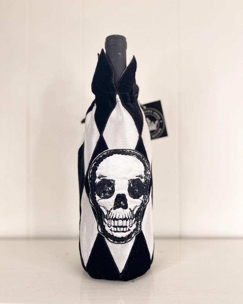 Black and White Velvet and Sequin Skull Harlequin Wine Bag-EXCLUSIVE