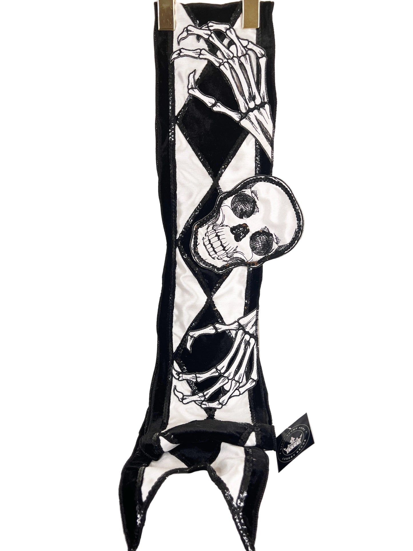 Black and White Velvet and Sequin Skull Harlequin Banner-EXCLUSIVE