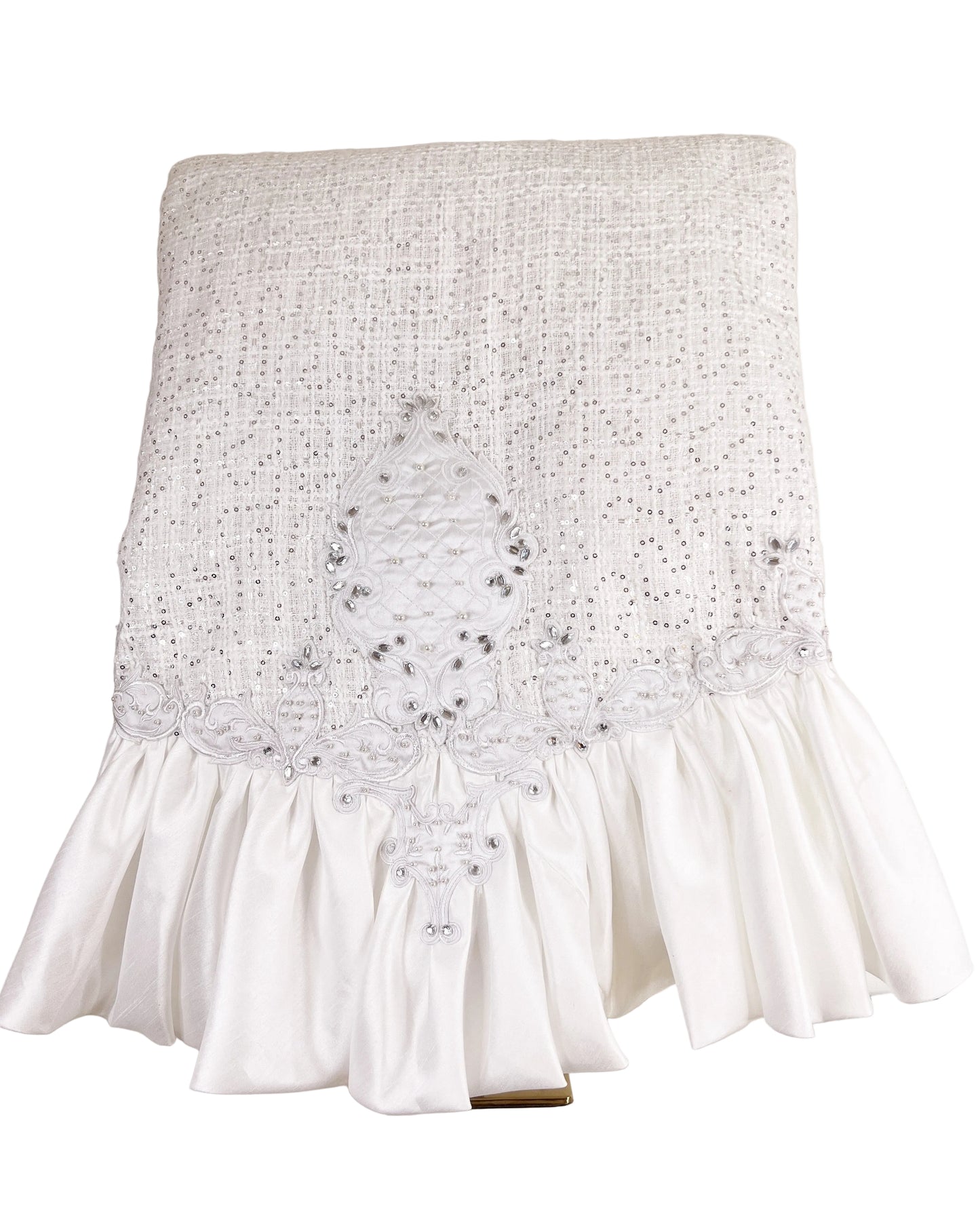 Pre-Order 2026- White Tie Winter Collection Tweed Classy Sequin, Rhinestone and Ruffles Table Overlay