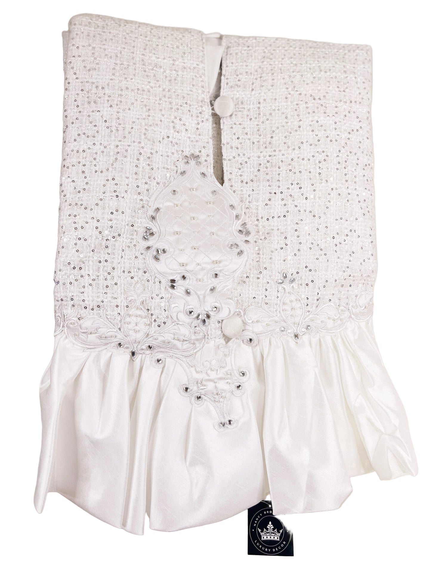 Pre-Order 2026- White Tie Winter Collection Tweed Classy Sequin, Rhinestone and Ruffles Tree Skirt