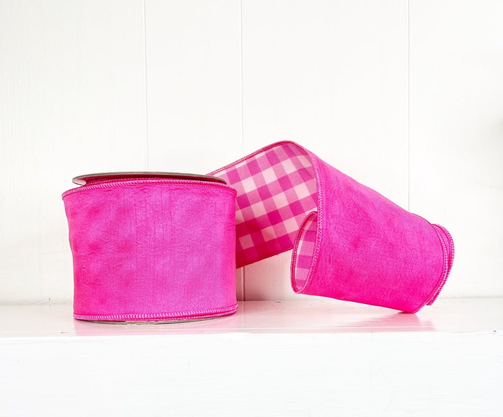 Hot Pink Dupion and Gingham 4"x10Y Wired Ribbon