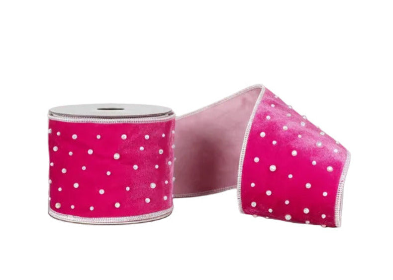 Pre-Order 2026- Hot Pink Velvet and Pearls Double Faced 4"x5Y Wired Ribbon
