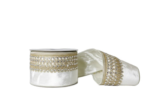 White Jeweled Velvet Metallic Dupion Double Sided Wired Ribbon 4"x5Y