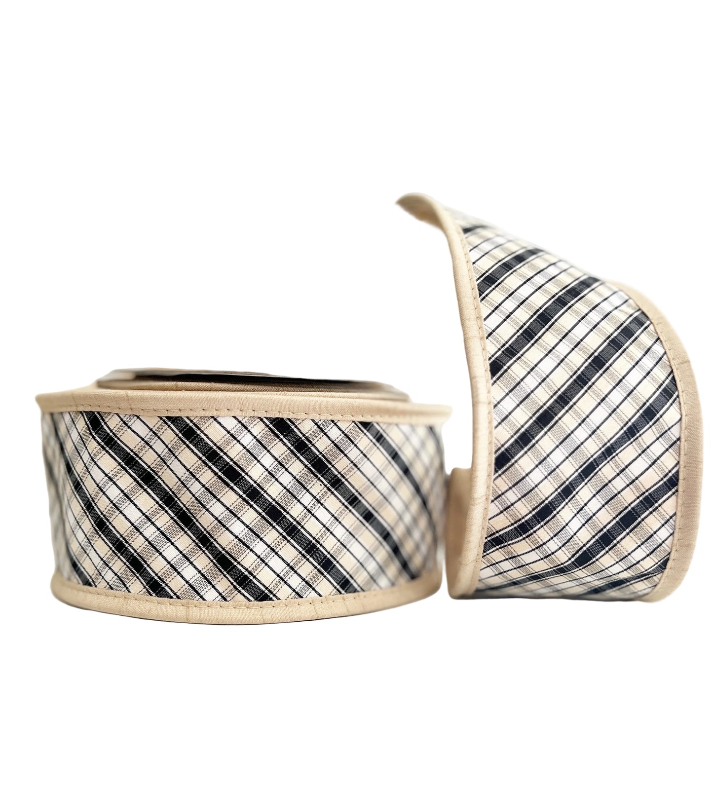 Black Bias Plaid with Dupioni Double SIded Wired Ribbon 2.5"x5Y