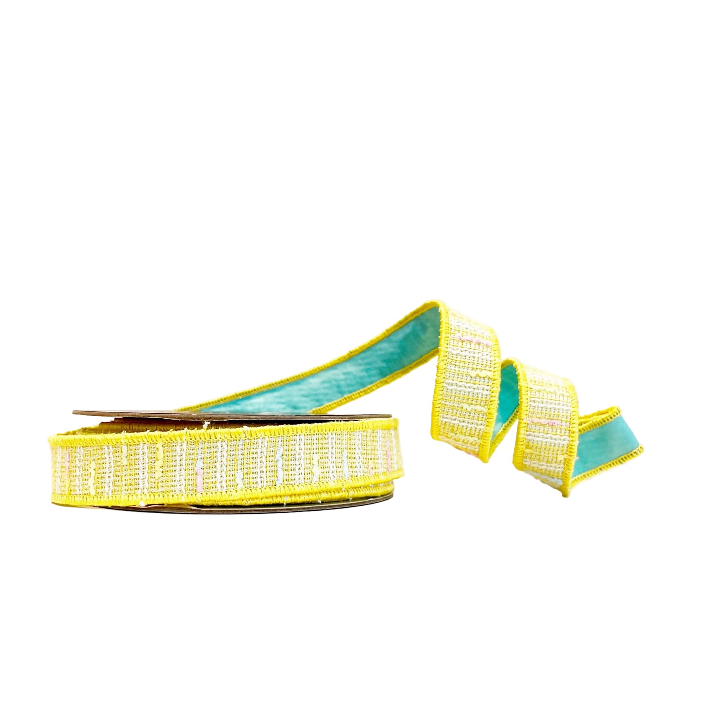Yellow Tweed and Teal 1"x 10Y Double Sided Wired Ribbon