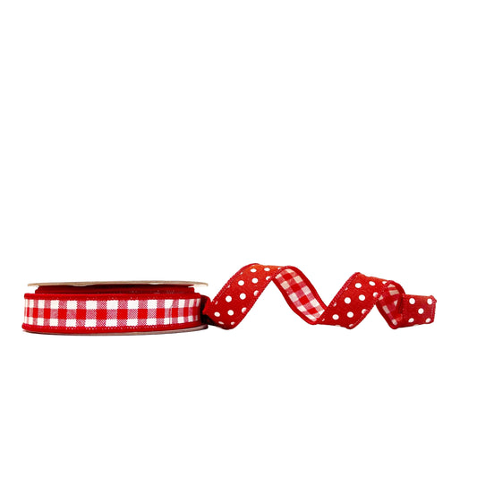 Red Check and Polka Dots 1"x 10Y Double Sided Wired Ribbon