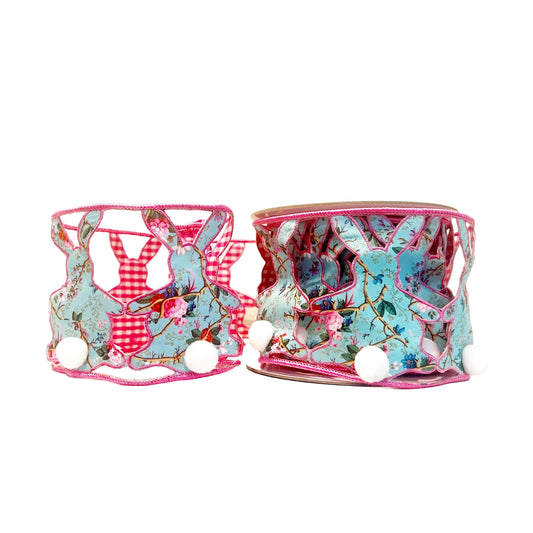 Teal and Pink Bunnies 4"x 5Y Double Sided Wired Ribbon