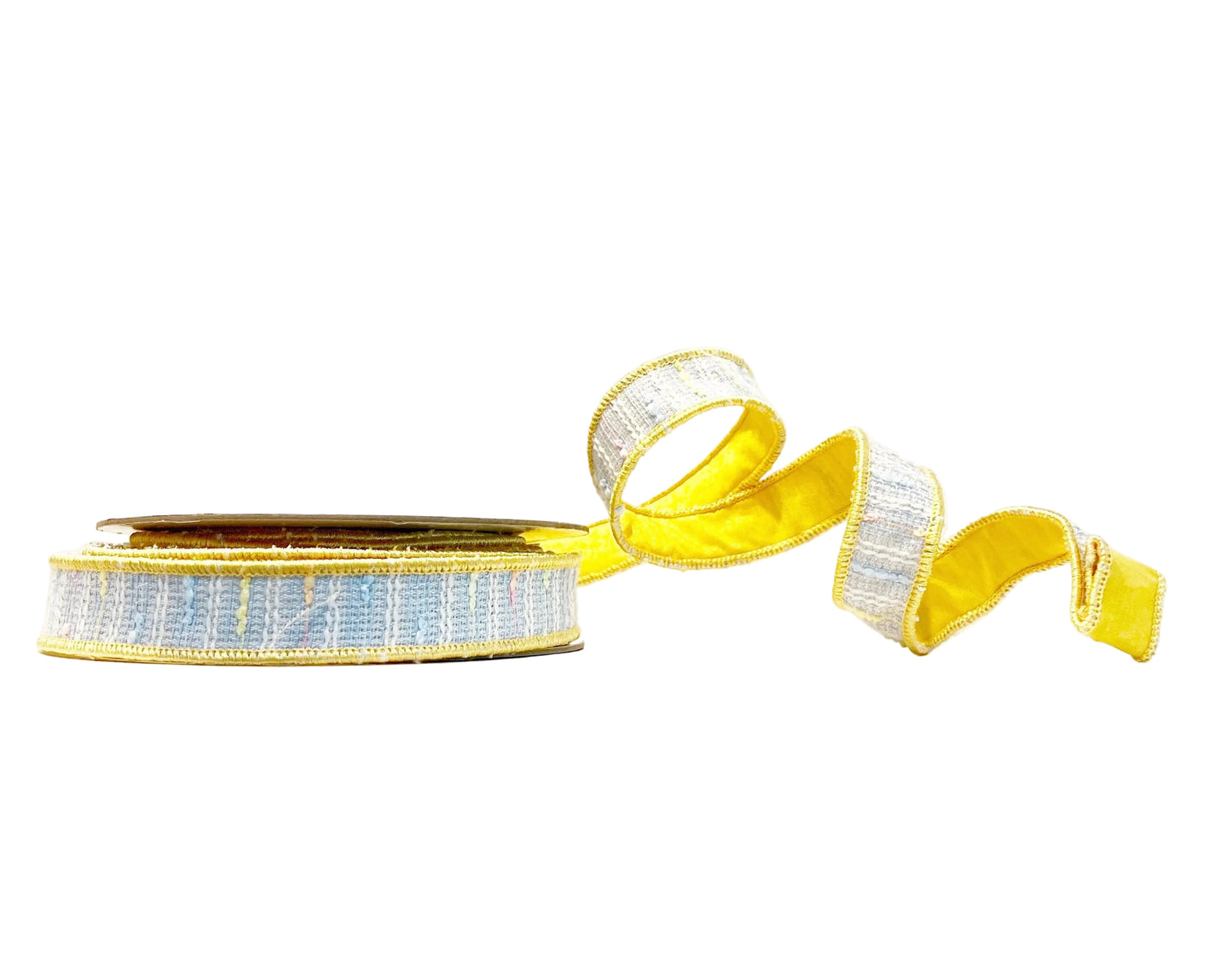 Blue Tweed and Yellow 1"x 10Y Double Sided Wired Ribbon