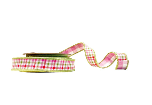 Pink and Green Plaid and Gingham 1"x 10Y Double Sided Wired Ribbon