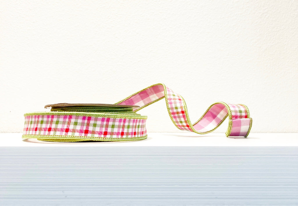 Pre-Order 2026- Pink and Green Plaid and Gingham 1"x 10Y Double Sided Wired Ribbon