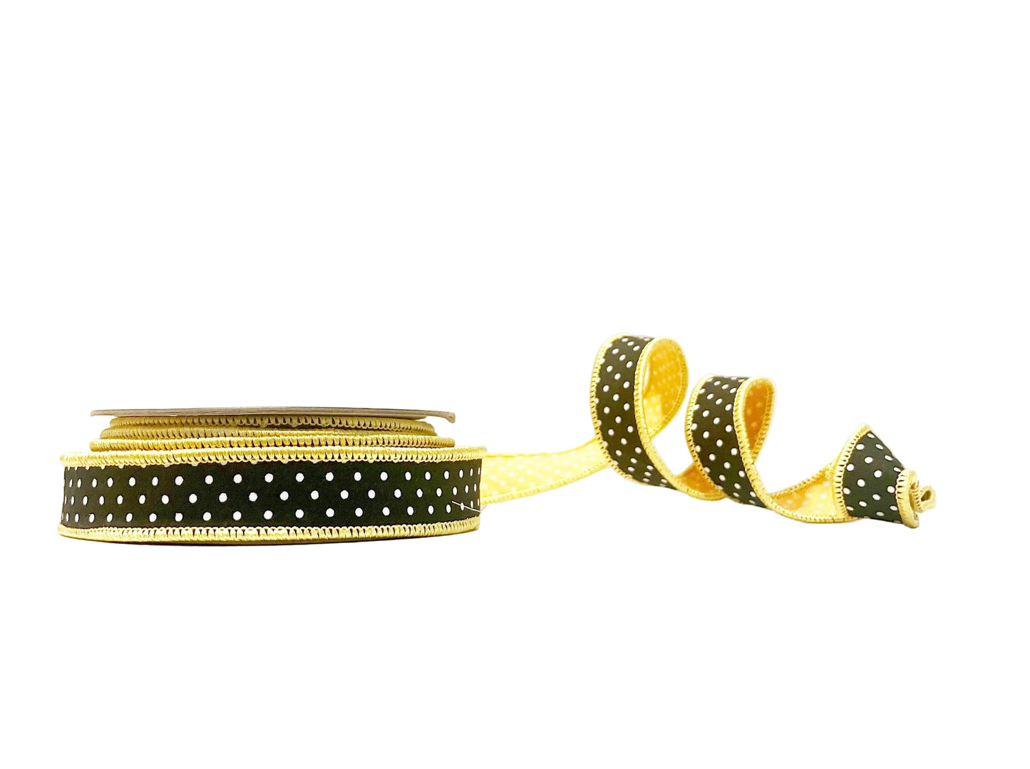 Black and White Polka Dots and Yellow and White Polka Dots with Yellow Piping 1"x 5Y Double Sided Wired Ribbon