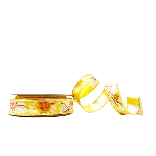 Pre-Order 2027- Yellow Floral 1"x10Y Double Sided Wired Ribbon