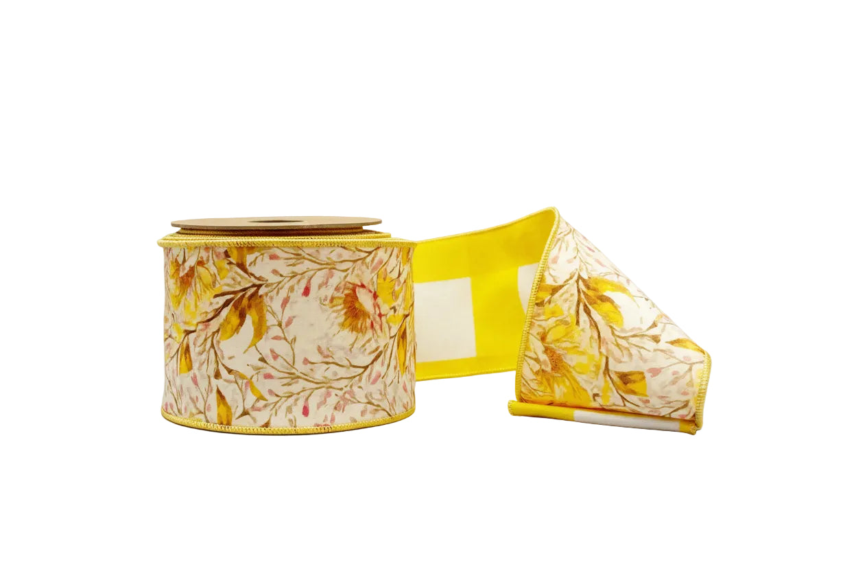 Yellow Floral 4"x 10Y Double Sided Wired Ribbon