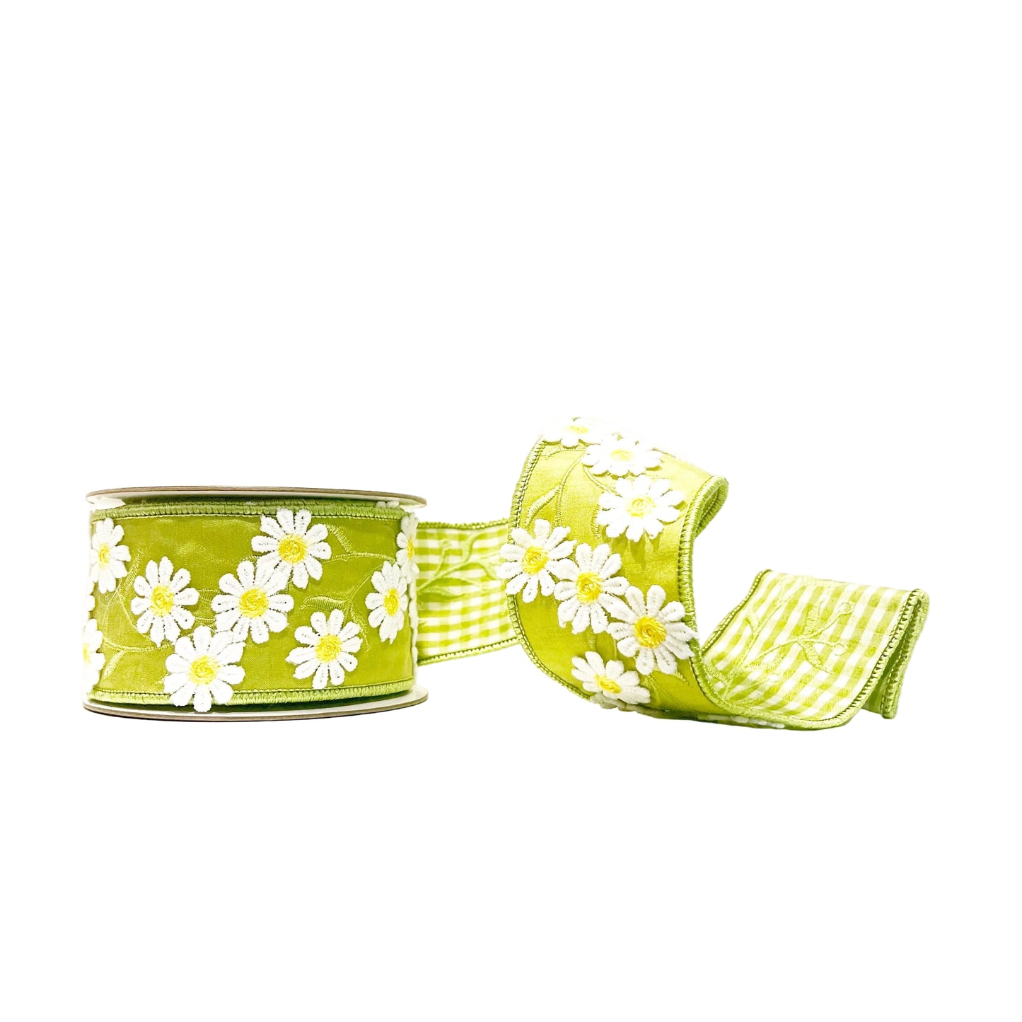 Green Daisies and Green Gingham 2.5"x 5Y Double Sided Wired Ribbon