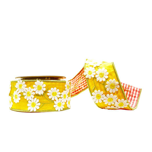 Yellow Daisies and Pink Gingham 2.5"x 5Y Double Sided Wired Ribbon