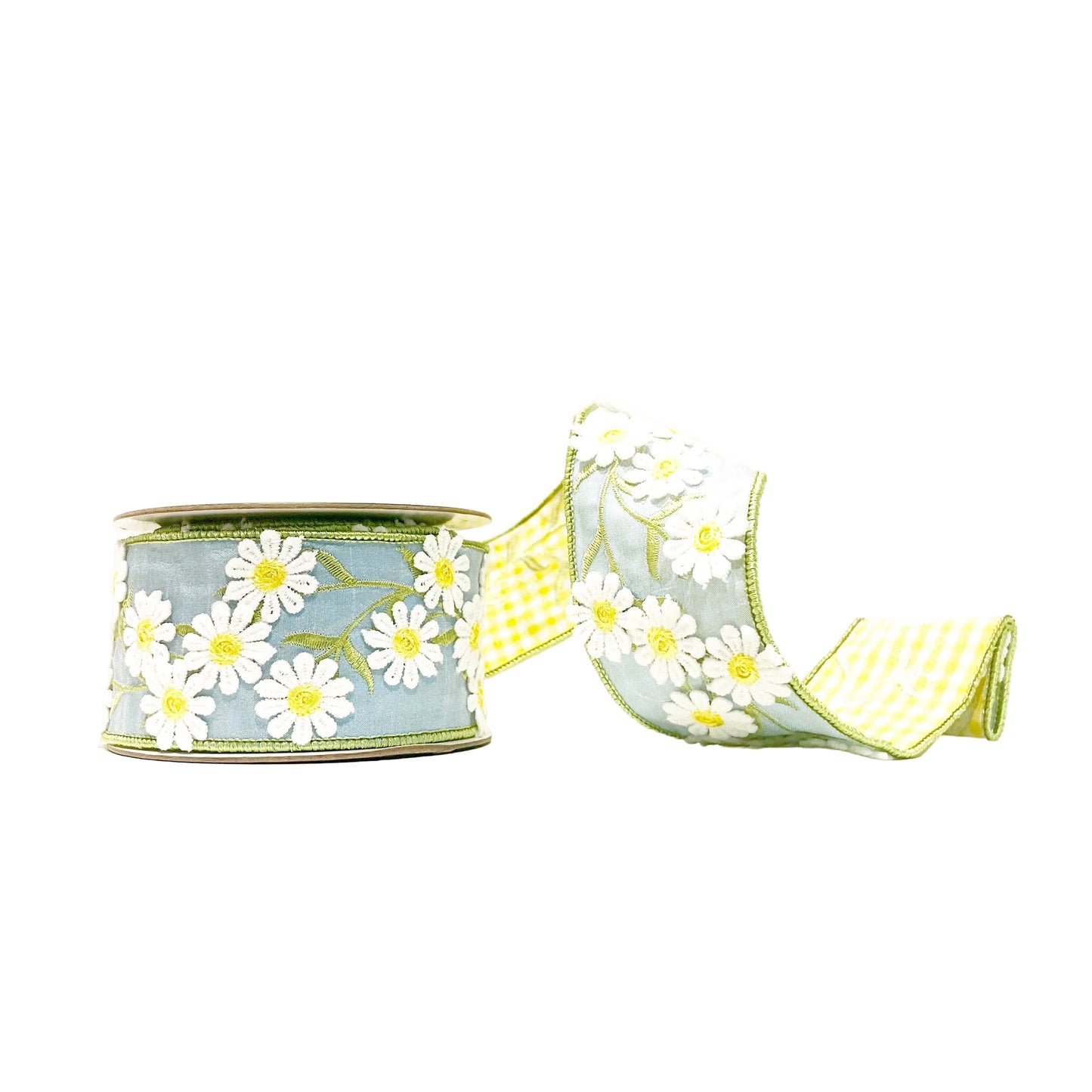 Blue Daisies and Yellow Gingham 2.5"x 5Y Double Sided Wired Ribbon