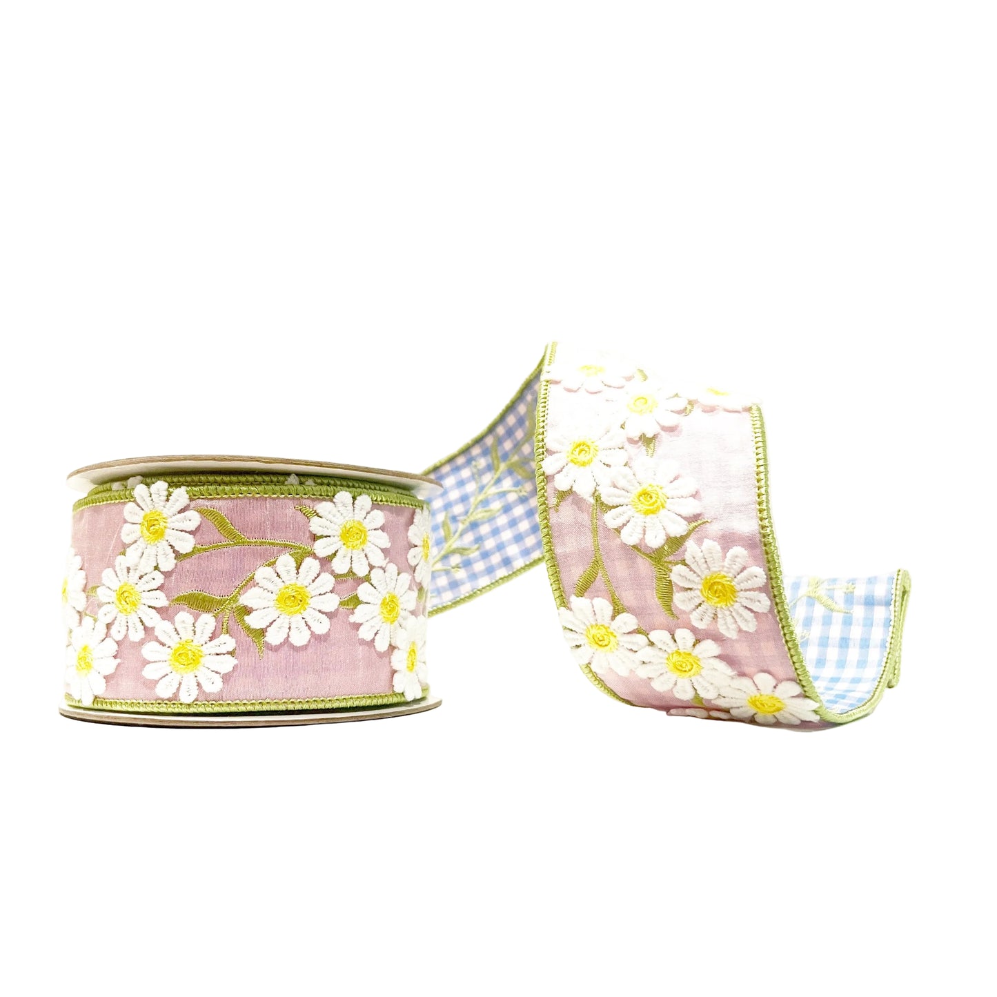 Purple Daisies and Blue Gingham 2.5"x 5Y Double Sided Wired Ribbon