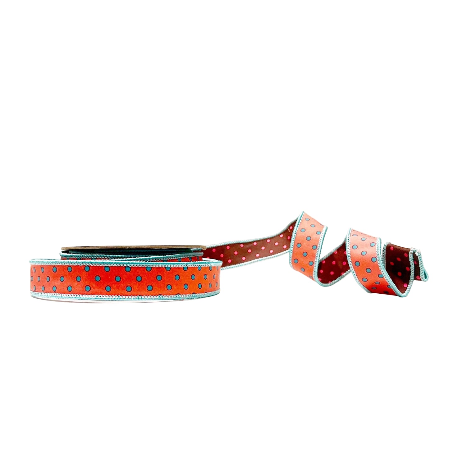 Coral/Teal and Brown/Pink Polka Dot 1"x 10Y Double Sided Wired Ribbon