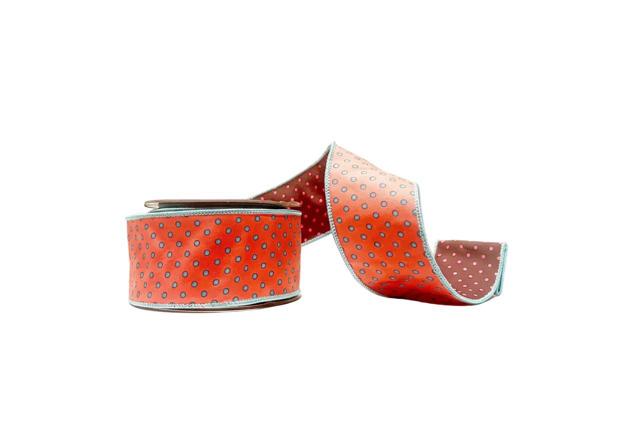 Coral/Teal and Brown/Pink Polka Dot 2.5"x 10Y Double Sided Wired Ribbon
