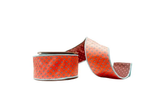 Coral/Teal and Brown/Pink Polka Dot 2.5"x 10Y Double Sided Wired Ribbon
