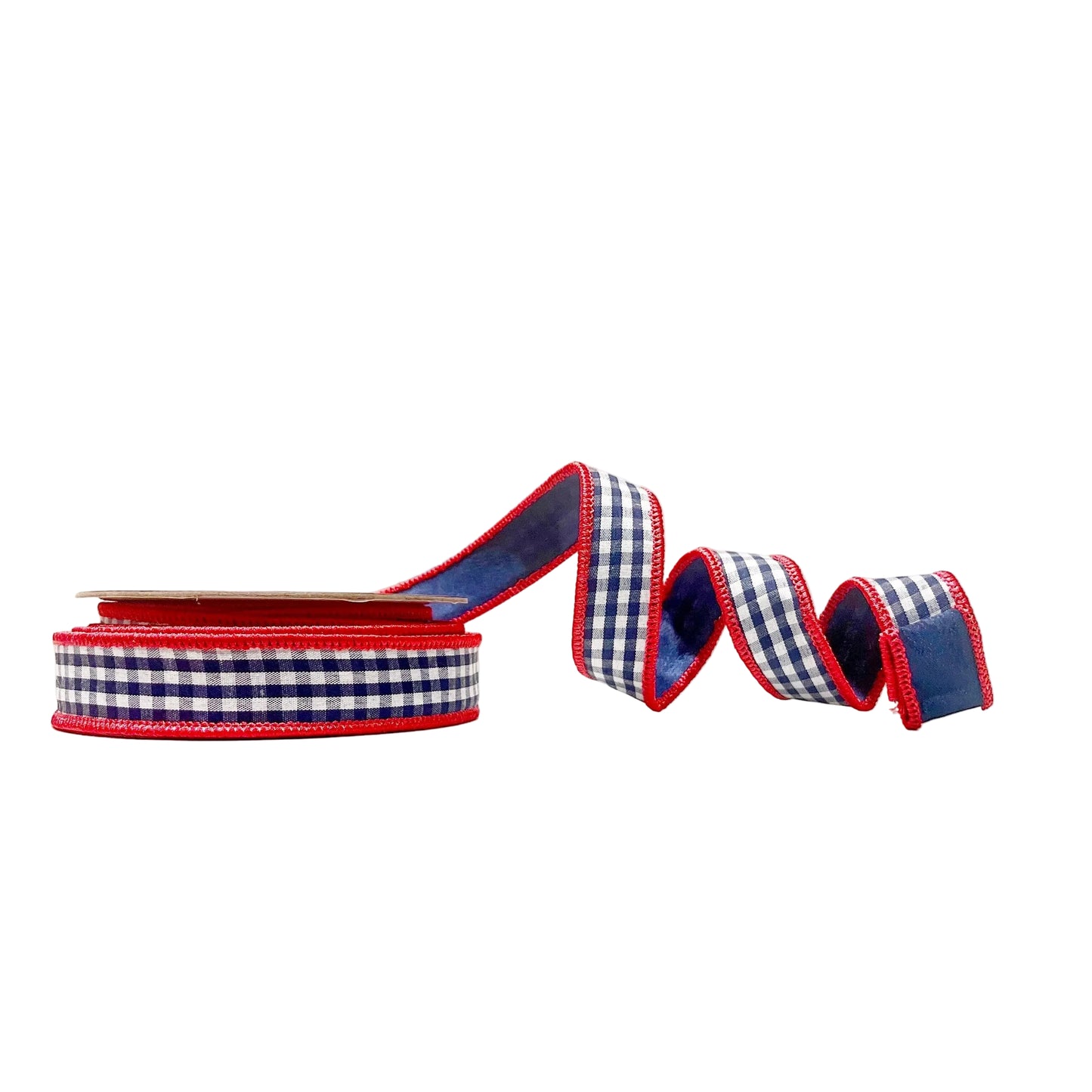 Blue Check with Red Piping 1"x 10Y Double Sided Wired Ribbon