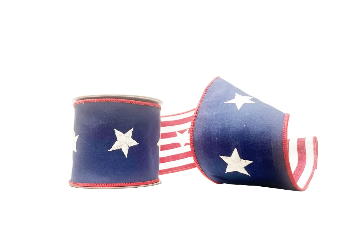 Red White and Blue Star and Striped 4"x 5Y Double Sided Wired Ribbon