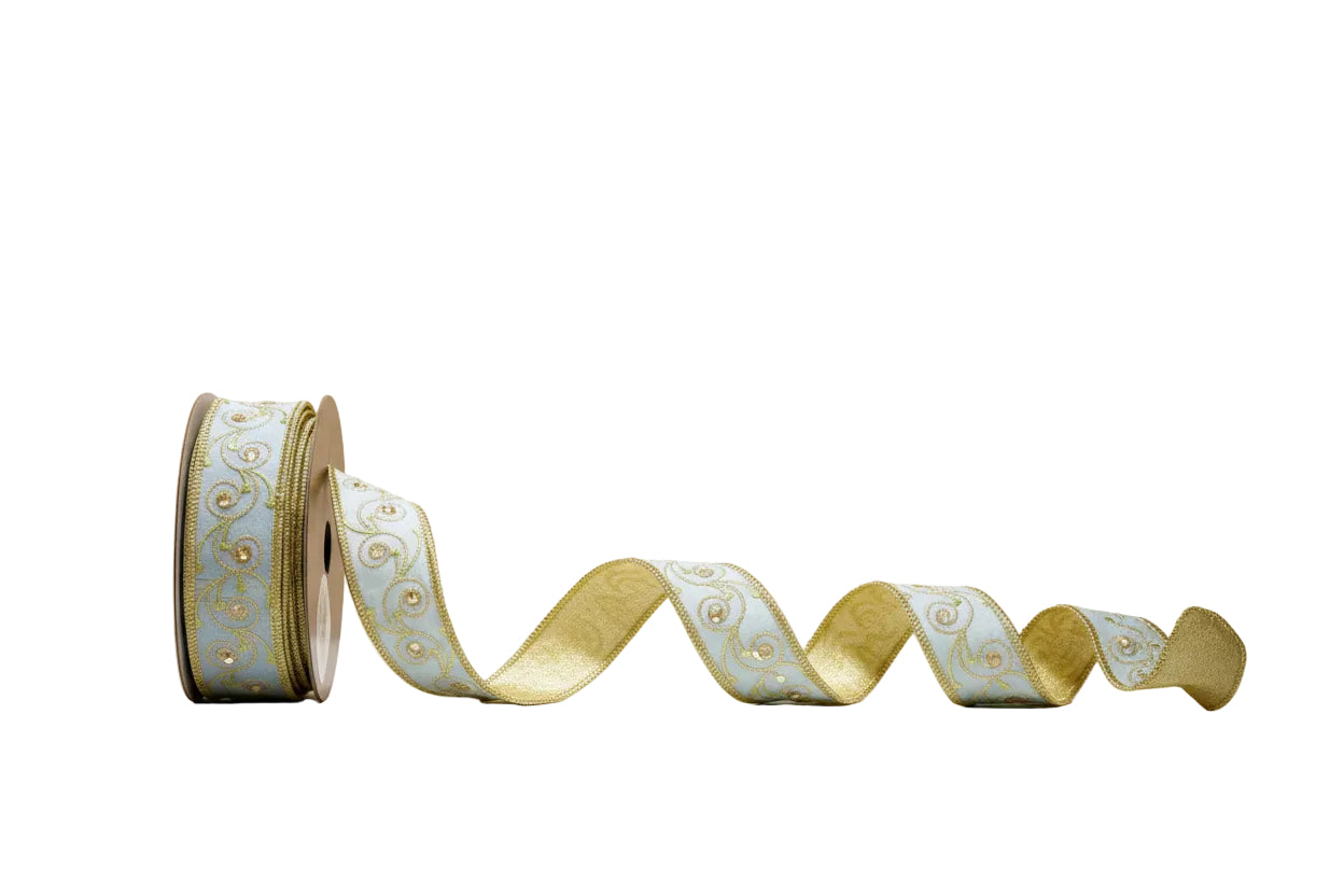 Pre-Order -The Butterfly Collection Light Blue and Gold Bling 1"x 10Y Double Faced Wired Ribbon