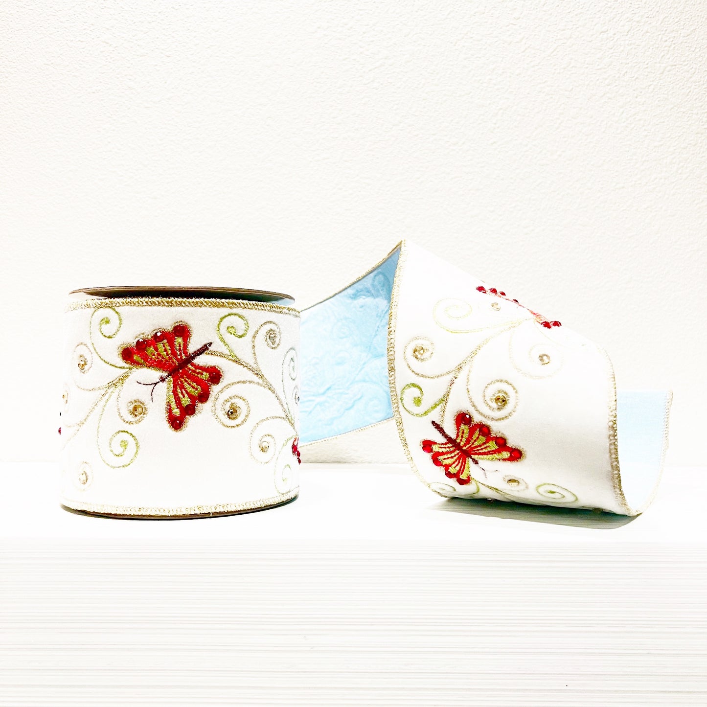 The Butterfly Collection White Velvet Butterfly 4"x 5Y Double Faced Wired Ribbon