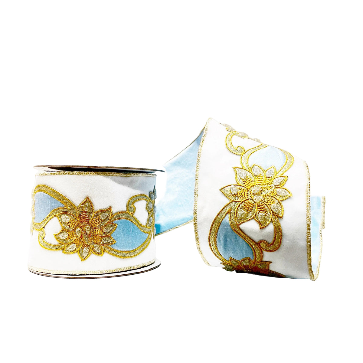 Pre-Order 2026- Light Blue, White Velvet and Gold Bling 4"x 5Y Double Sided Wired Ribbon