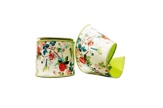 Green Bird 4"x 5Y Double Sided Wired Ribbon