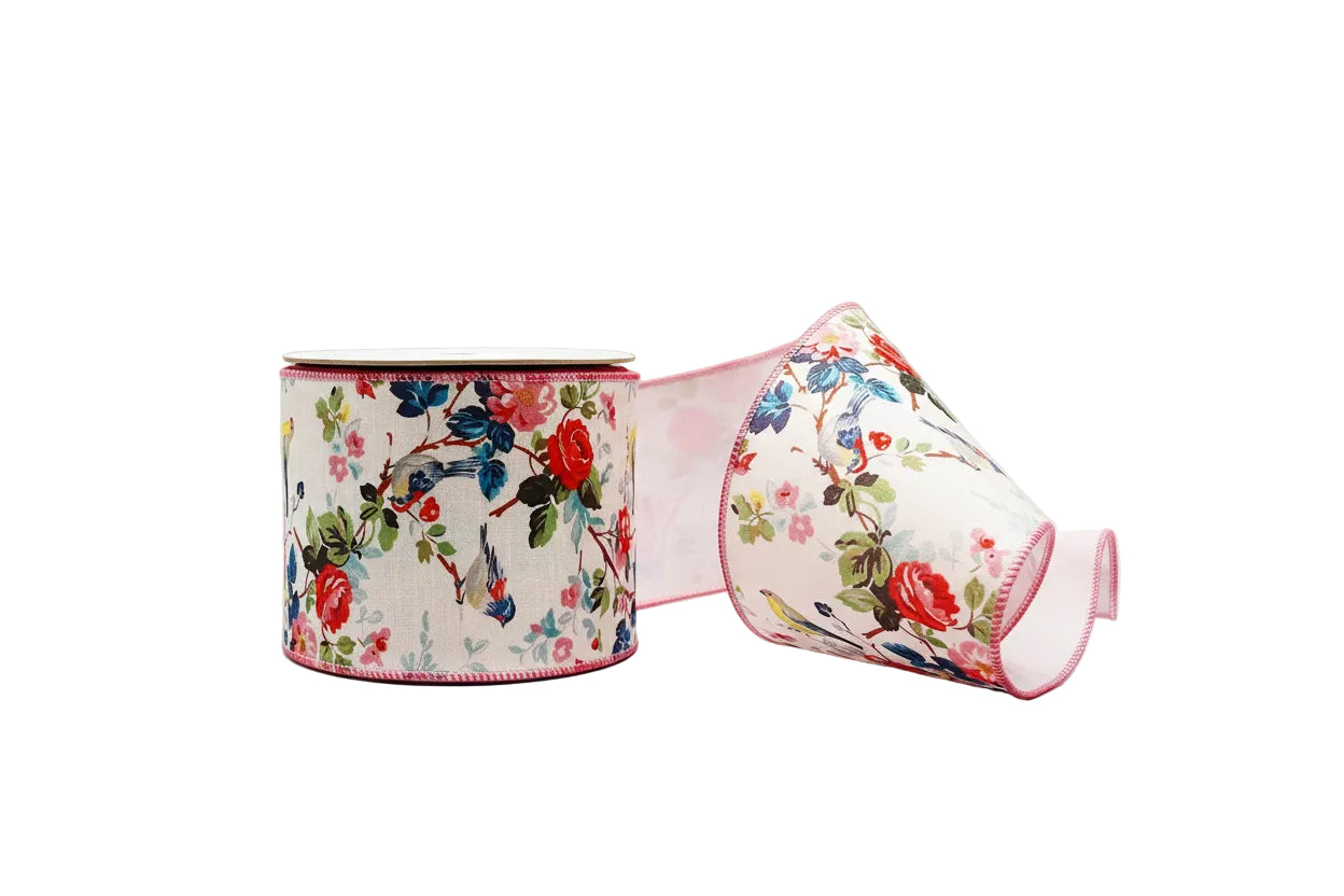 Pink Bird 4"x 5Y Double Sided Wired Ribbon