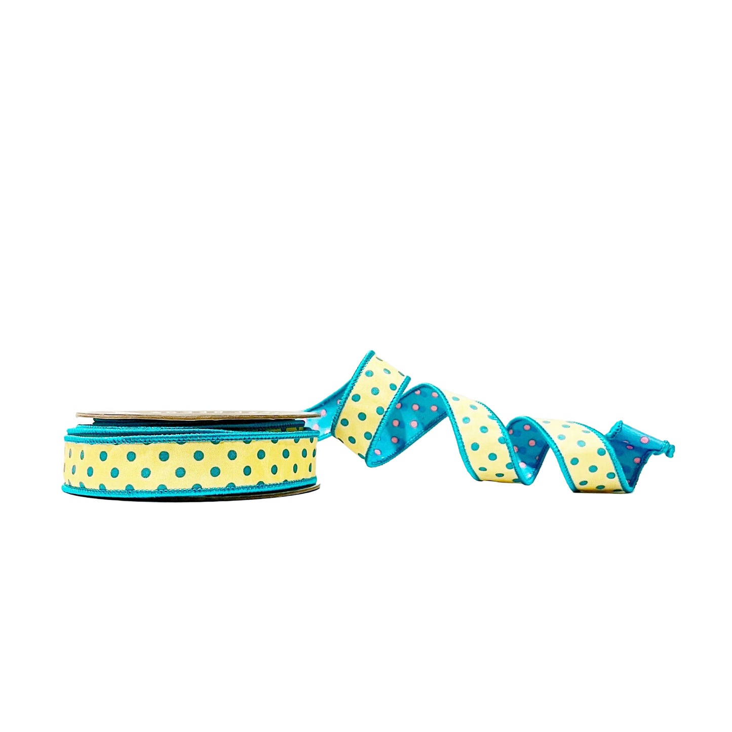 Yellow/Teal and Blue/Pink Polka Dot 1"x 10Y Double Sided Wired Ribbon
