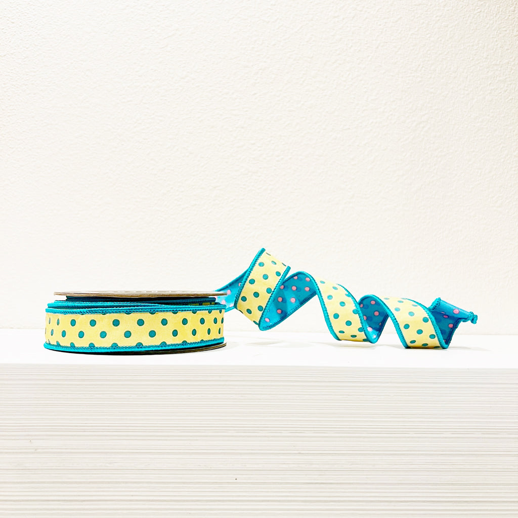 Pre-Order 2026- Yellow/Teal and Blue/Pink Polka Dot 1"x 10Y Double Sided Wired Ribbon