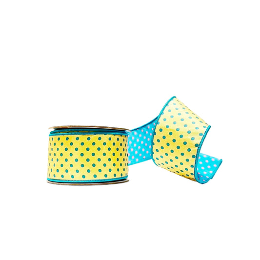 Yellow/Teal and Blue/Pink Polka Dot 2.5"x 10Y Double Sided Wired Ribbon