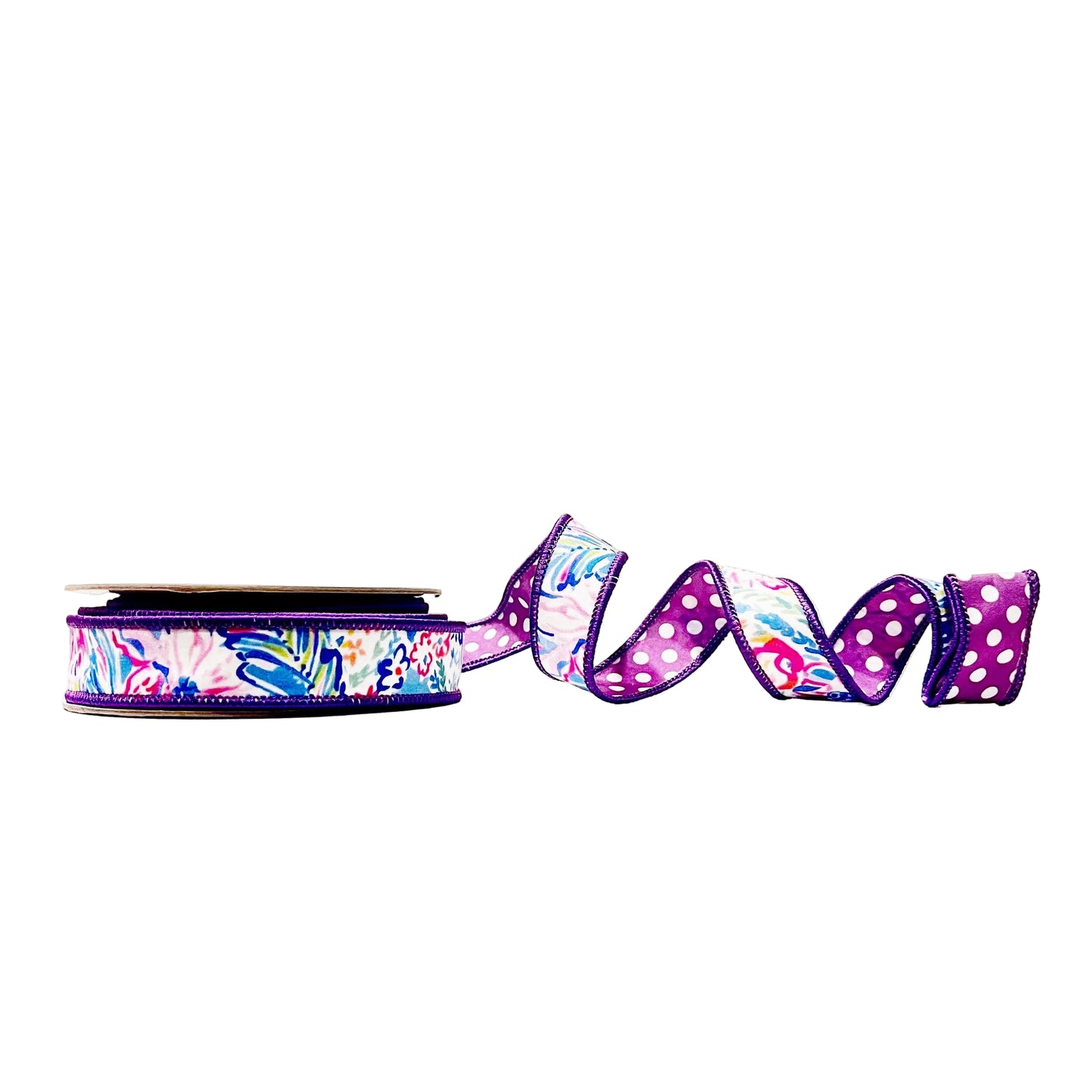 Purple Floral and Polka Dots 1"x 10Y Double Sided Wired Ribbon
