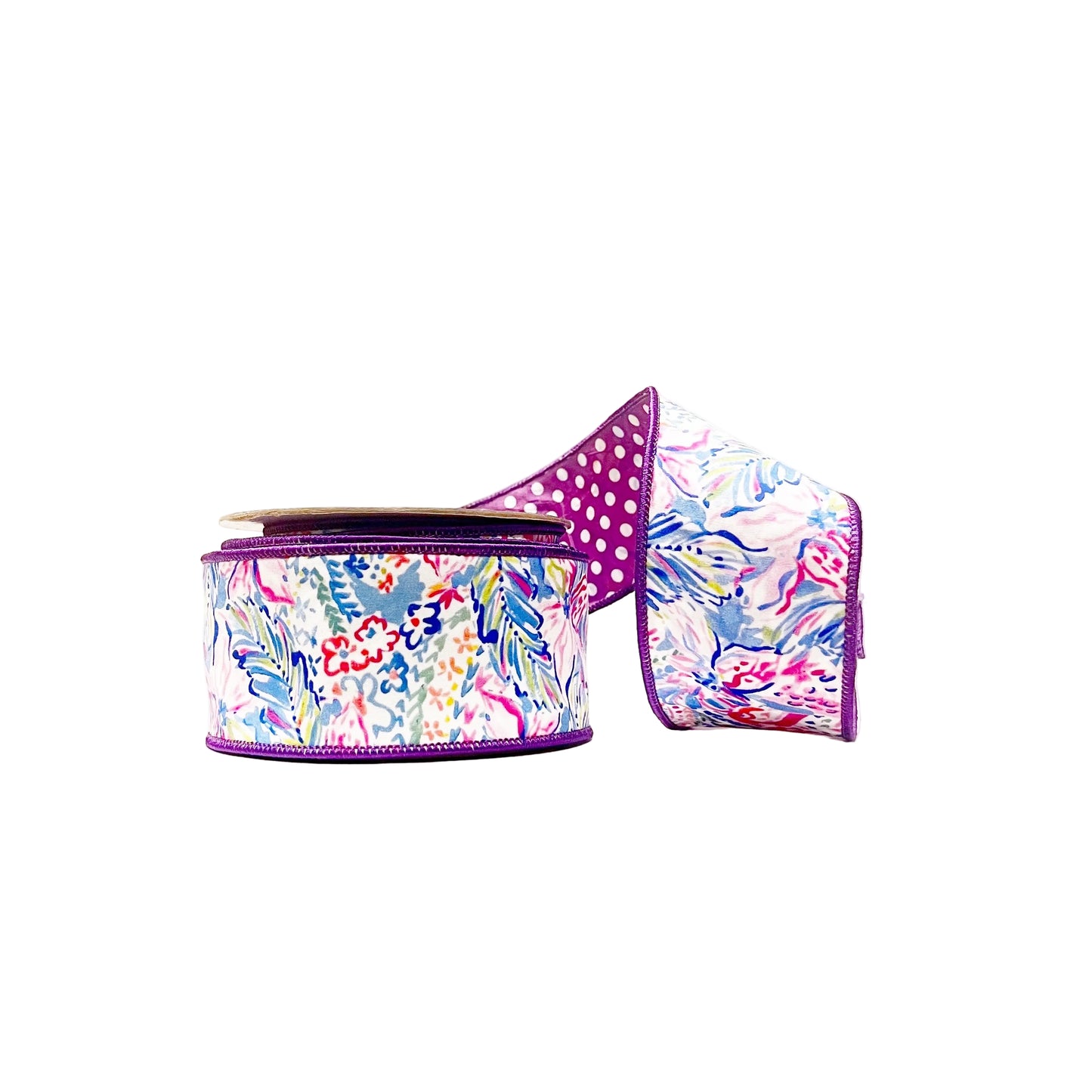 Purple Floral and Polka Dots 2.5"x 10Y Double Sided Wired Ribbon