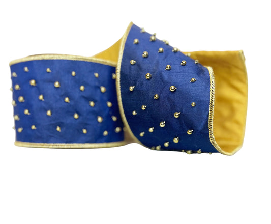 Pre-order 2026- Blue & Gold Beads 4" Wired Ribbon