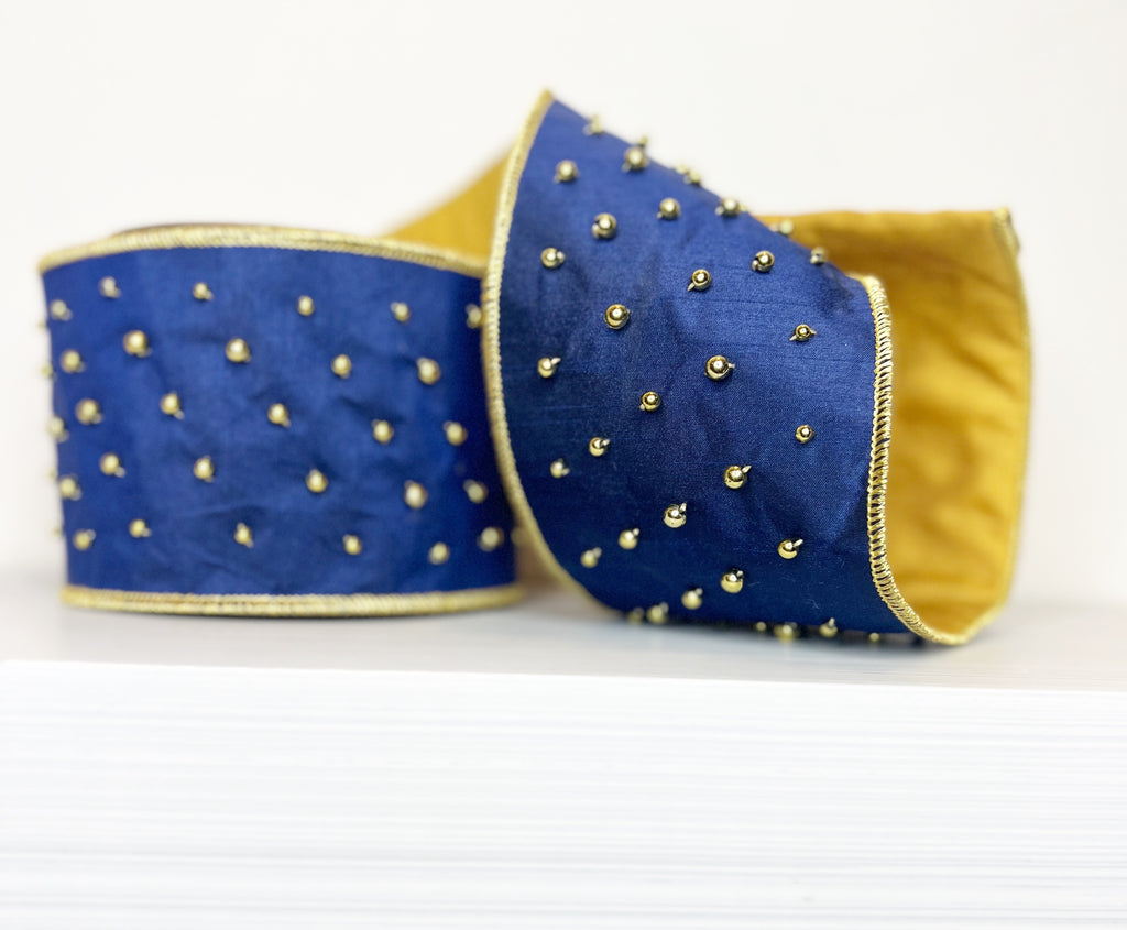 Blue & Gold Beads 4" Wired Ribbon- (25/50,155)