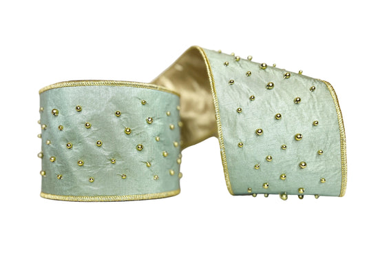 Pre-Order 2026- Green and Gold Bead 4" Wired Ribbon