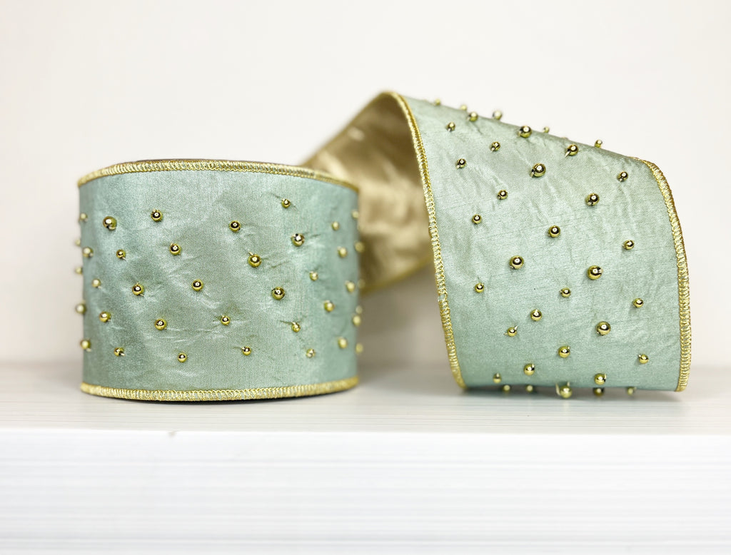 Green and Gold Bead 4" Wired Ribbon-(25/12-13,134)