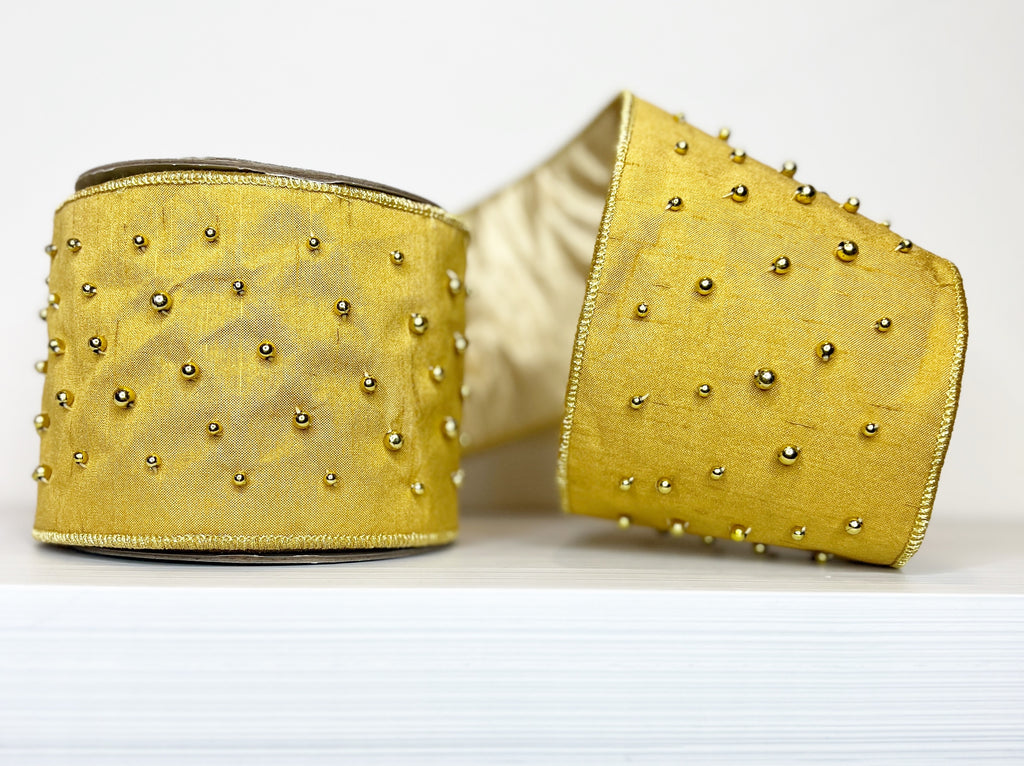 Gold/Gold Double Sided with Gold Beads 4" Wired Ribbon-(25/89)