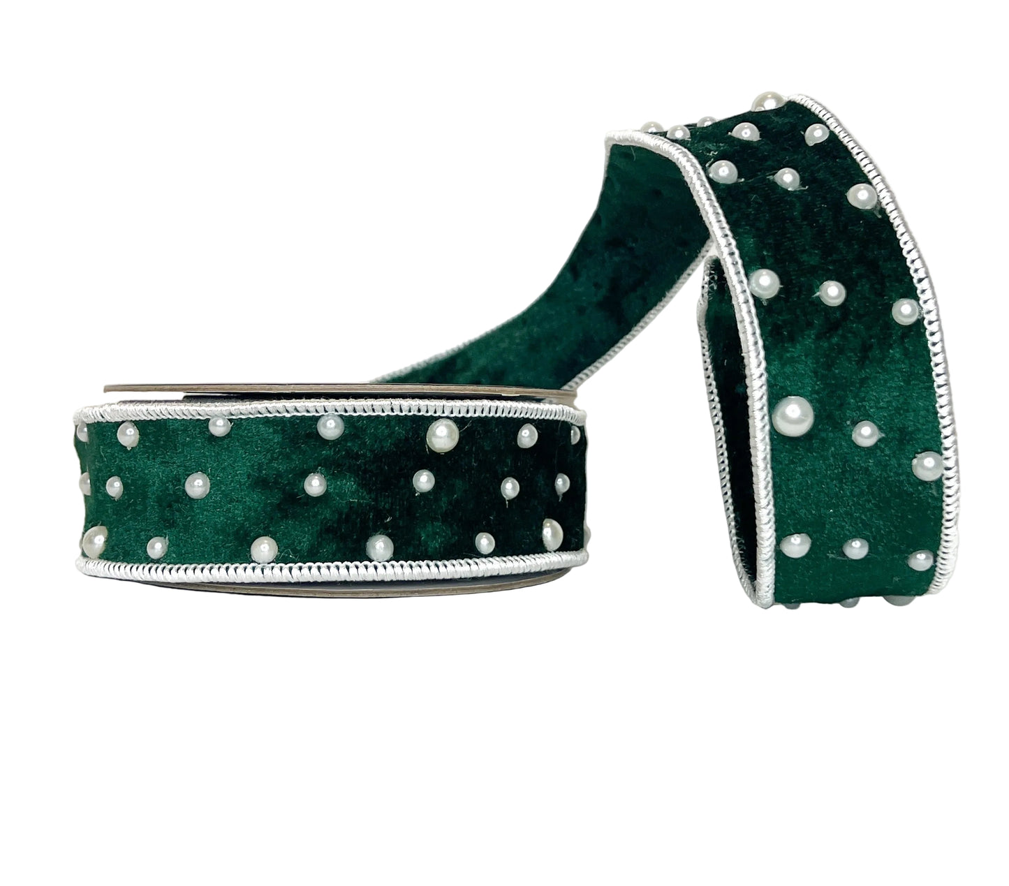 Pre-Order 2025- Green Velvet & Pearl 1.5" Wired Ribbon