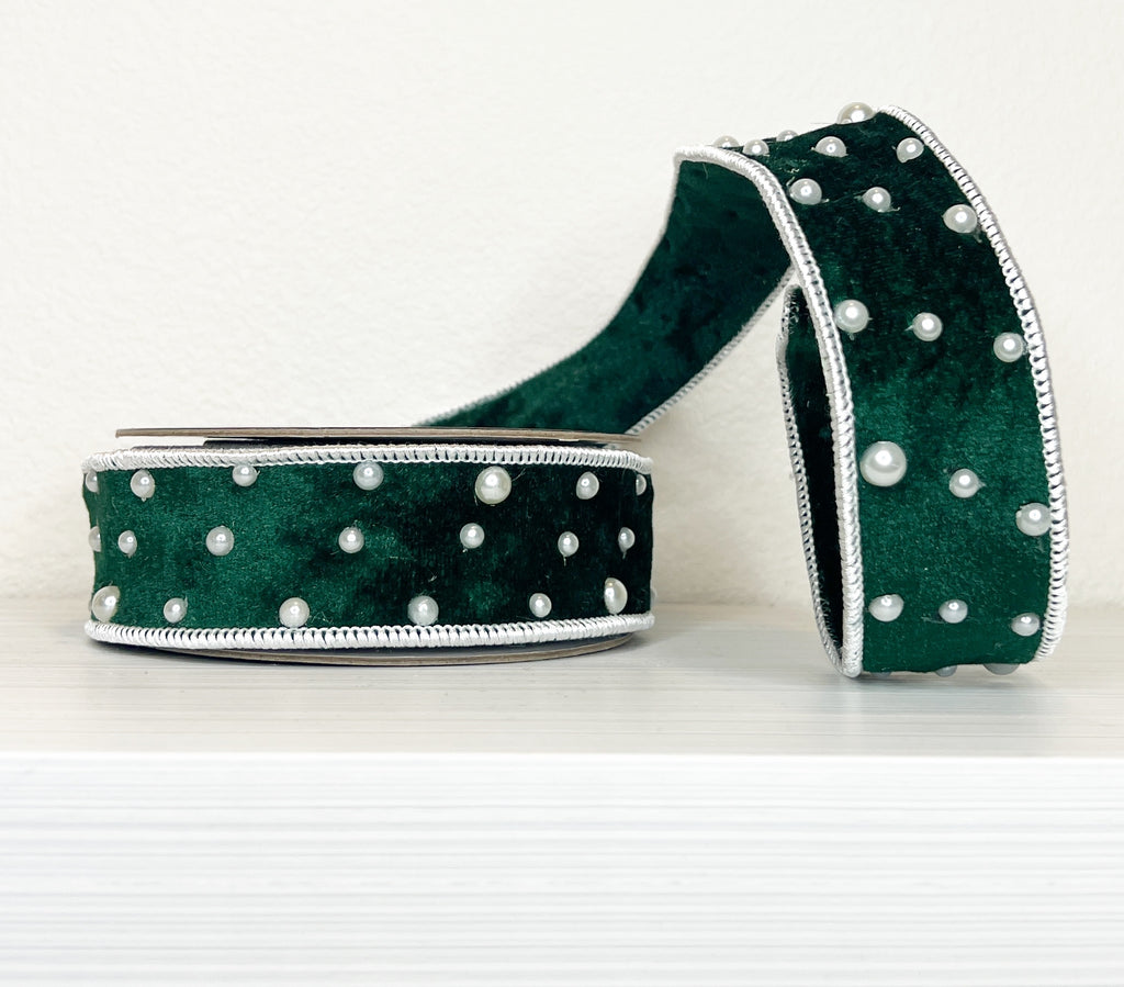 Green Velvet & Pearl 1.5" Wired Ribbon-(25/41,139)