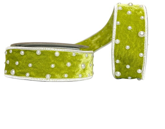 Pre-Order 2026- Light Green & Pearl Velvet 1" Wired Ribbon
